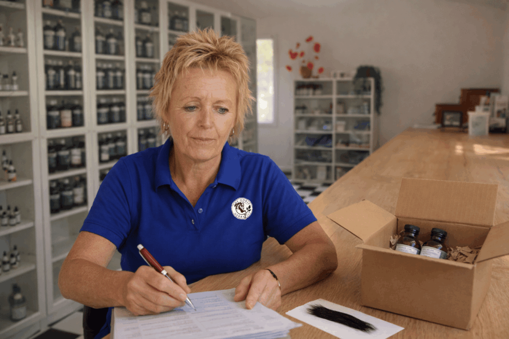 Angela Davison, ATMS accredited equine herbalist, reviewing a horse hair assessment at her Ballina NSW practice with herbal formulas and a hair sample on the desk